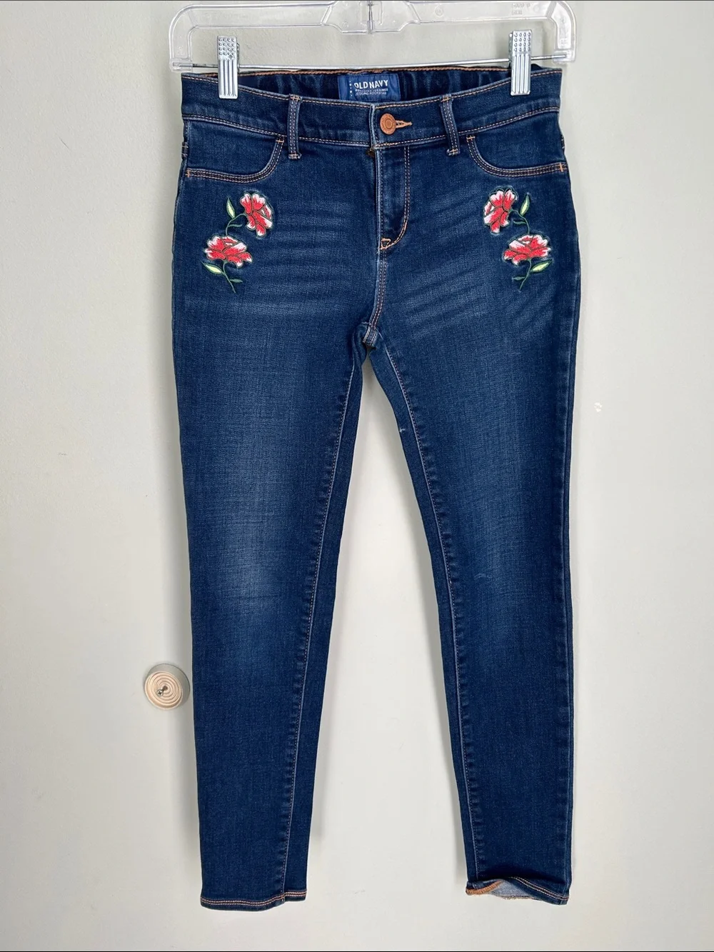 Old Navy girls Dark Blue Skinny Jeans with Red Floral Embroidery